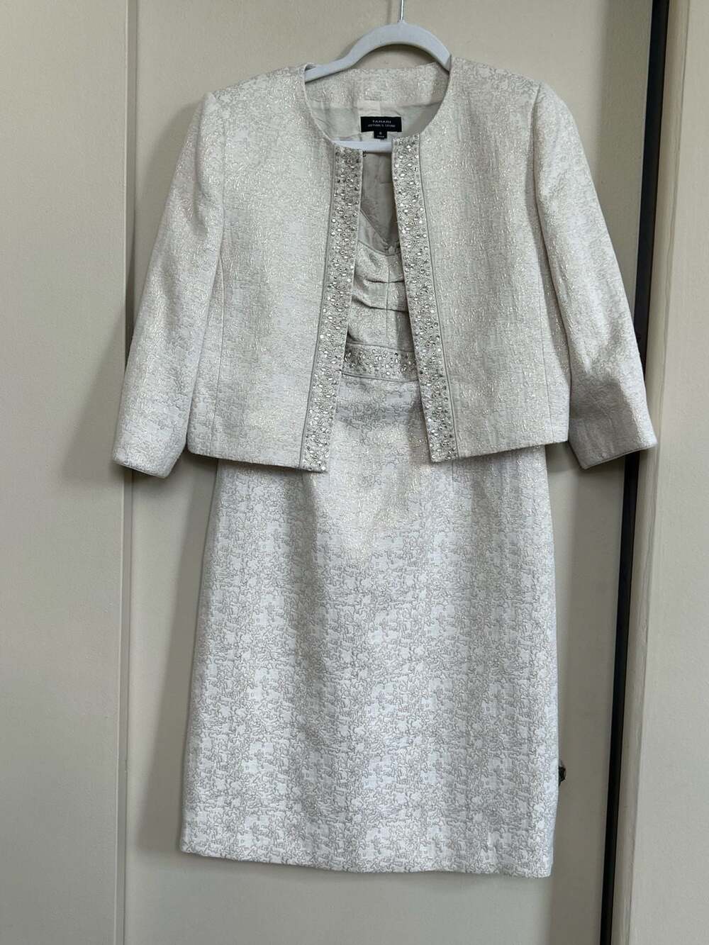 Tahari Arthur S Levine Beige Metallic Brocade Dress and Jacket Set